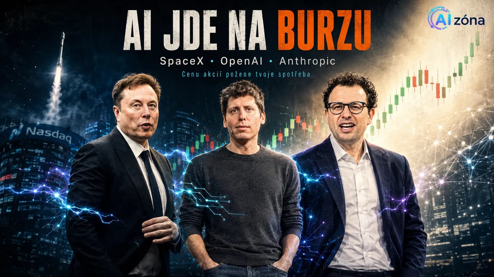 Filmový plakát: tři lídři AI firem stojí proti sobě nad burzovním grafem, který letí vzhůru.